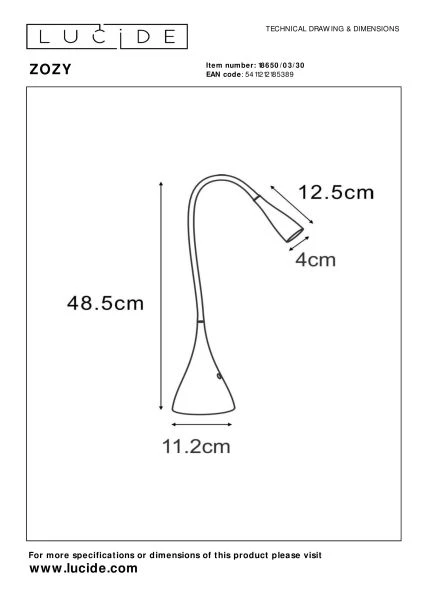 Lucide ZOZY - Lampe de bureau - LED Dim. - 1x4W 3000K - Noir - technique